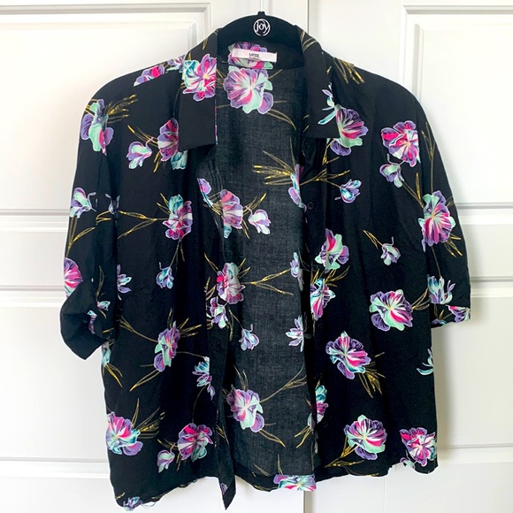 Vans Tropical Flower Print Button Down Top Black size S - Picture 1 of 9